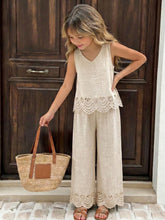 2pcs Big Girls Eyelet Linen Bow Tank Top & Wide-Leg Pants - Ecru | ...