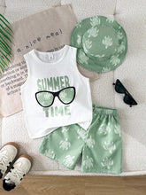 3pcs Little Boys Turtle Print Tank Top, Shorts & Bucket Hat - Sage