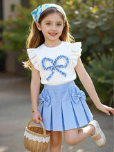 2pcs Little Girls Ruffle Tee & Seersucker Pleated Skirt Set - Ivory...
