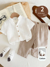 2pcs Boys Mandarin Collar Shirt & Striped Trousers Set - Ivory