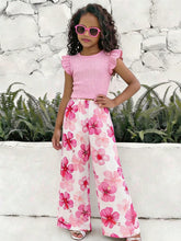 2pcs Big Girls Ruffle Top & Hibiscus Print Wide-Leg Pants Set - Blu...