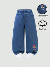 Little Girls Floral Embroidered Wide-Leg Denim Jeans - Cobalt | 21 ...