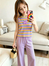 2pcs Little Girls Rainbow Stripe Ribbed Tank & Wide-Leg Pants Set -...