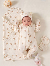 3pcs Baby Boys Bear Print Muslin Footed Romper Set - Ecru | 21 Cent...
