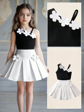 2pcs Girls 3D Floral Asymmetric Ribbed Top & Pleated Skirt Set - On...
