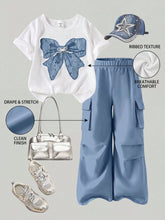 2pcs Girls Sequin Bow Ribbed Tee & Cargo Pants Set - Cerulean | 21 ...