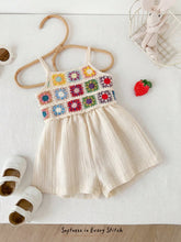 Girls Crochet Granny Square Spaghetti Strap Romper - Ecru