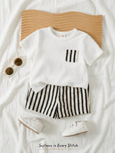 2pcs Boys Waffle Knit Tee & Striped Shorts Set - Ivory | 21 Century...