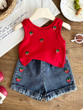 2pcs Girls Strawberry Embroidered Ribbed Tank & Denim Shorts Set - ...