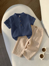 2pcs Boys Stand Collar Shirt & Textured Pants Set - Cerulean