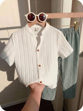 Boys Mandarin Collar Textured Shirt & Stripe Trousers Set - Ivory