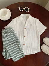 Boys Mandarin Collar Textured Shirt & Stripe Trousers Set - Ivory