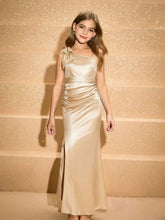 Girls One-Shoulder Bow Satin Maxi Gown - Champagne | 21 Century Kids