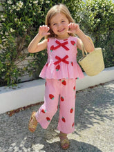 2pcs Girls Strawberry Print Ruffle Peplum Top & Wide-Leg Pants - Blush