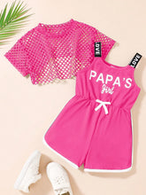 2pcs Girls Fishnet Crop Top & Slogan Romper Set - Fuchsia
