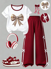 2pcs Big Girls Jewel Bow Tee & Ribbon Wide-Leg Pants Set - Crimson ...