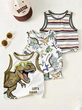 3pcs Boys Dinosaur Print & Stripe Tank Top Set - Ivory