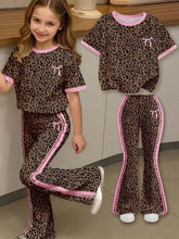 2pcs Little Girls Leopard Print Bow Tee & Flare Pants Set - Latte |...
