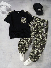 2pcs Boys Camo Contrast Panel Tee & Cargo Jogger Set - Onyx | 21 Ce...