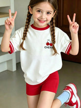 2pcs Little Girls Cherry Print Ringer Tee & Shorts Set - Ivory | 21...