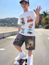 2pcs Big Boys Graffiti Bear Graphic Tee & Denim Shorts Set - Ivory ...