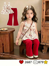 2pcs Little Girls Cherry Print Bow Peplum Top & Flare Pants Set - I...