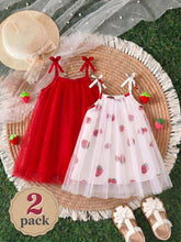 2pcs Girls Strawberry Print Tulle & Bow Strap Sundress Set - Scarle...