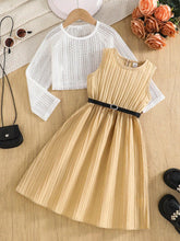 2pcs Little Girls Crochet Top & Belted Dress Set - Buff | 21 Centur...