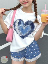 2pcs Little Girls Pearl Heart Patchwork Tee & Denim Shorts Set - Iv...