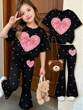 2pcs Little Girls Sequin Heart Tee & Flared Pants Set - Onyx | 21 C...