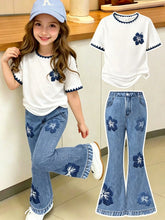 2pcs Little Girls Hibiscus Embroidered Tee & Flare Jeans Set - Ivor...