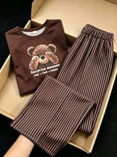 2pcs Girls Teddy Bear Graphic Tee & Striped Wide-Leg Pants Set - Ox...
