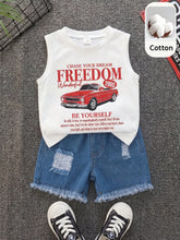 2pcs Boys Freedom Print Tank Top & Ripped Denim Shorts Set - Ivory ...