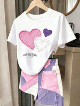 2pcs Little Girls Heart Patch Tee & Patchwork Denim Shorts Set - Iv...