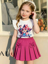 2pcs Little Girls Nova Beat Ruffle Tee & Pleated Skirt Set - Fuchsi...
