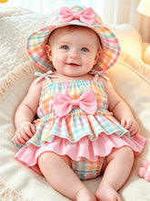 2pcs Baby Girls Plaid Bow Romper & Sun Hat Set - Sorbet | 21 Centur...