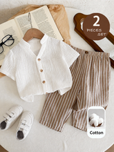 2pcs Boys Mandarin Collar Shirt & Striped Trousers Set - Ivory