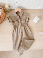 Girls Safari Collar Button-Front Cinched Waist Jumpsuit - Buff