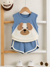 2pcs Boys Puppy Appliqué Sleeveless Vest & Shorts Set - Slate