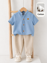 2pcs Boys Mandarin Collar Denim Shirt & Linen Trousers Set - Cerulean