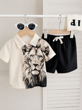 2pcs Unisex Lion Print Shirt & Shorts Set - Ecru