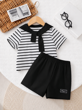 3pcs Unisex Sailor Collar Striped Tee & Shorts Set - Ivory