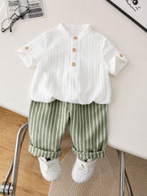 2pcs Boys Mandarin Collar Shirt & Striped Pants Set - Ivory