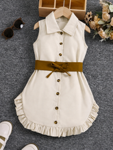 Girls Belted Shirt Dress Ruffle Hem Button Front - Ecru