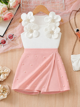 2pcs Girls 3D Floral Pearl Tank Top & Skort Set - Blush