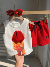 2pcs Boys Teddy Bear Graphic Tank Top & Shorts Set - Ivory