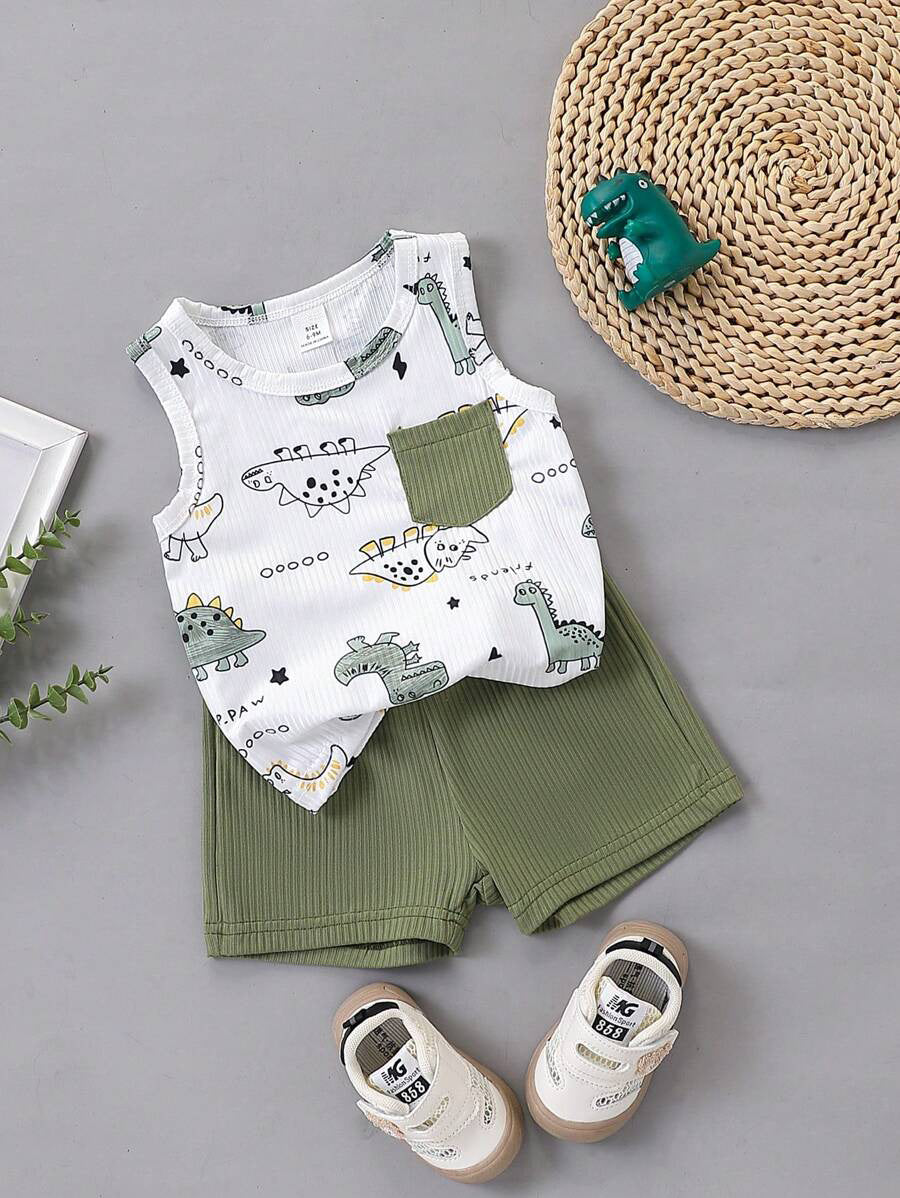 Boys Dino Print Ribbed Tank Top & Shorts Set - Isabelline