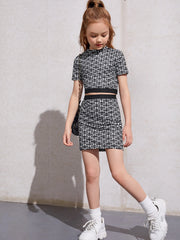 2pcs Big Girls Geo Print Crop Top & Mini Skirt Set - Onyx | 21 Cent...