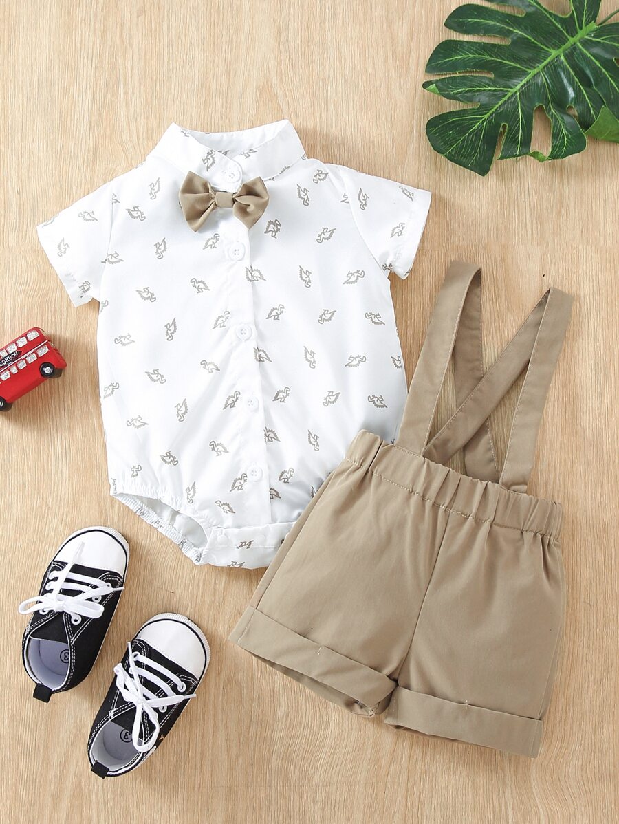2pcs Baby Boys Dino Print Bodysuit & Suspender Shorts - Ivory | 21 ...