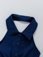 Little Girls Collared Button-Front Belted Romper - Midnight